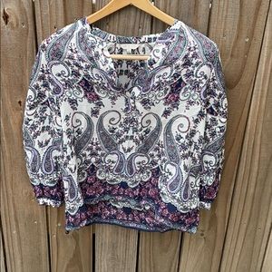 Lucky Purple Paisley V Neck Peasant Blouse EUC